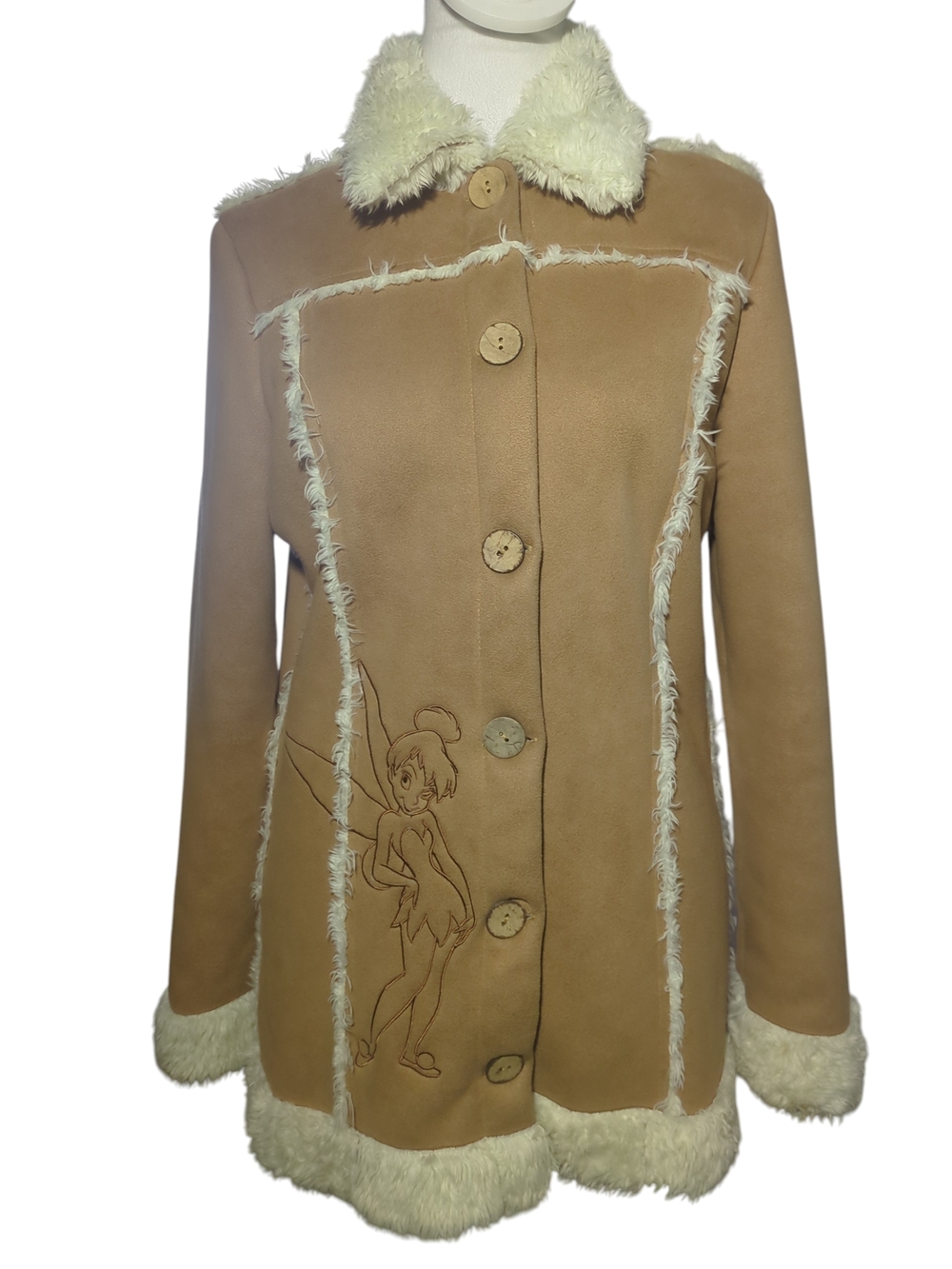 Disney Camel Coat with Cream Shearling Trim and Tinker Bell Motif SIZE S